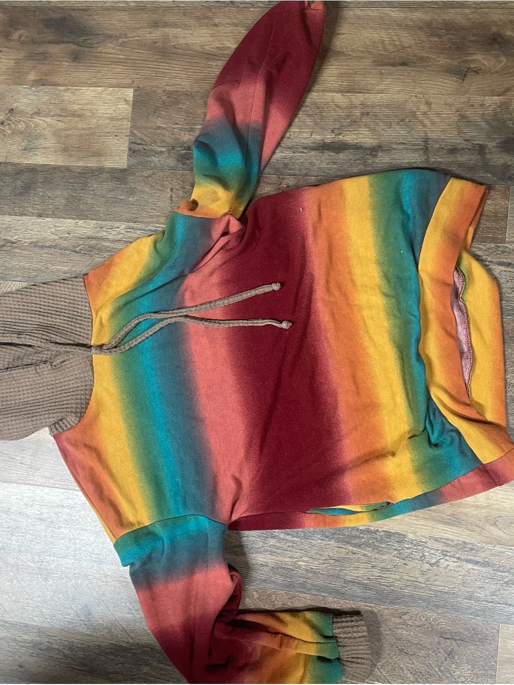 white birch Rainbow Striped Hoodie Sweatshirt - Red, Yellow, Teal, Brown